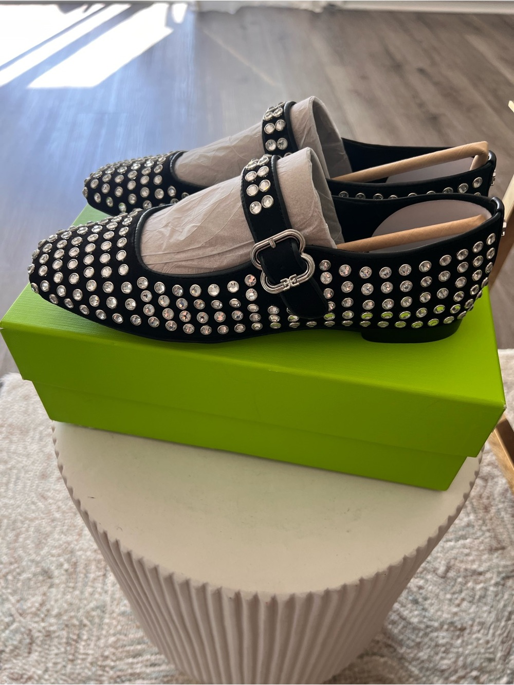 SAM EDELMAN Black Studded Mary Jane Flats with Silver Accents size 7 NEW - Picture 1 of 4